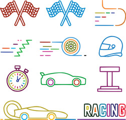 Racing Essentials Outline Icon Set  Flags, Finish Line, and Speed Symbols