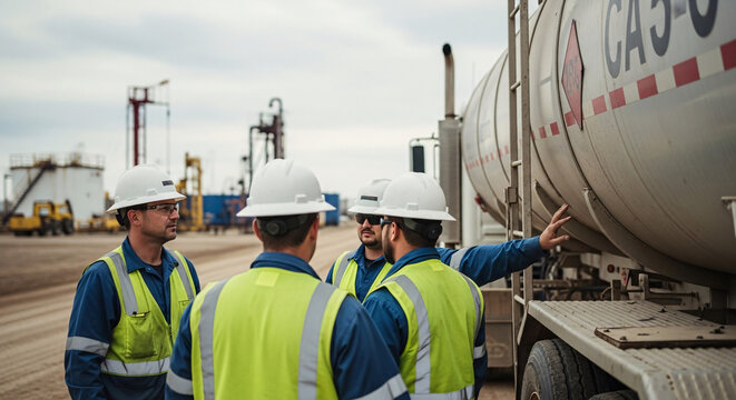 Team of Specialists Inspecting a Tanker Truck at an Industrial Site