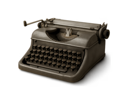 Vintage antique mechanical typewriter with black keys and metal casing isolated on a dark background