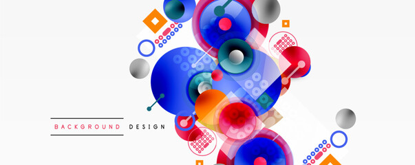 Abstract colorful design. Circles, squares overlap creating dynamic composition. Modern background with vibrant hues.