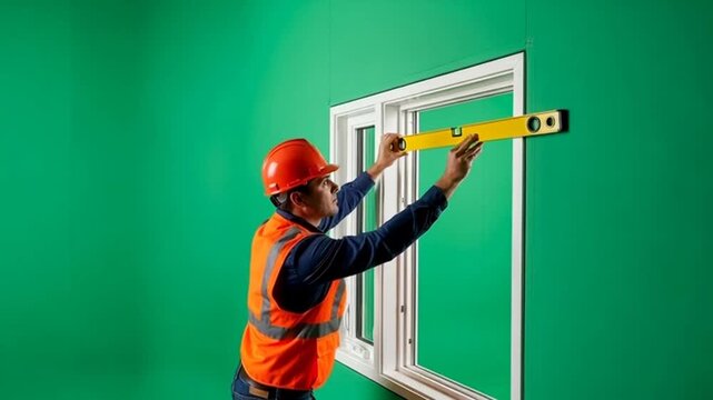 Man in orange helmet and vest checks window level with bubble level on green background