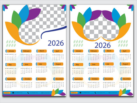 2026 Calendar Design: A clean and modern calendar design for the year 2026, with a vibrant and colorful floral design.