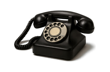 Classic black rotary dial telephone with coiled cord isolated on a dark background vintage communication device