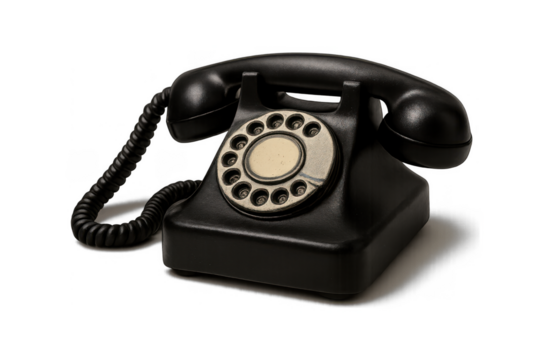 Classic black rotary dial telephone with coiled cord isolated on a dark background vintage communication device
