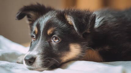 side view of cute puppy resting on white paper, curious expression, cozy environment, soft lighting, warm and tender mood, companionship, simple