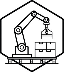 Robotic arm lifting boxes inside a hexagon frame in black and white outline illustration style image