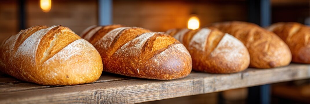 A row of freshly baked artisan bread loaves displayed on a rustic wooden shelf in a warm, inviting bakery setting.