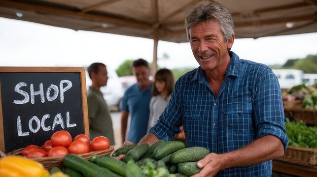 A cheerful vendor at a farmer's market showcasing fresh cucumbers and tomatoes. The atmosphere is vibrant and community-focused.