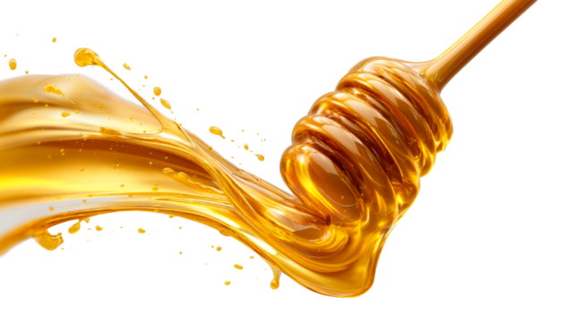 Golden honey flowing from dipper with splashes