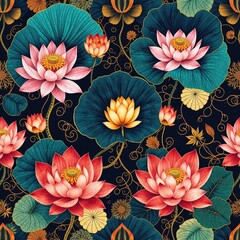 Lotus patten,Traditional Indian Folk Art Seamless Pattern with Lotus Flowers and Lily Pads. Ethnic Floral Background on Dark Blue.
