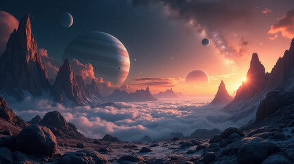 Unknown planet from outer space. Space nebula. Cosmic cluster of stars. Outer space background