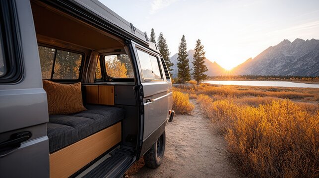 A cozy van interior with a view of a sunset over a lake and mountains. Perfect for adventure and travel enthusiasts seeking nature's beauty.