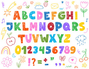 Crayon kids font and numbers. Hand drawn doodle funny playful alphabet. School wax crayon abc for educational banners, school, kindergarten. Vector colorful pencil children playful letters, digits