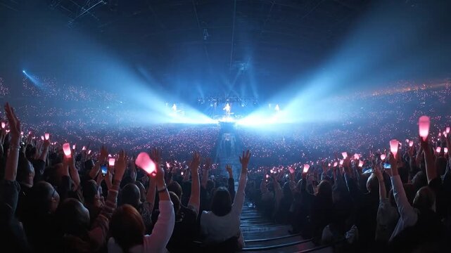 Idol band performing on stage in large arena, stadium surrounded by fans people crowd holding glowing light sticks cheering at music kpop concert or korean musical festival. Korea performers dance.