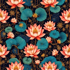Lotus patten,Traditional Indian Folk Art Seamless Pattern with Lotus Flowers and Lily Pads. Ethnic Floral Background on Dark Blue.