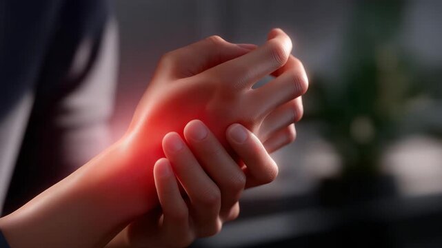 3D medical render showing red pain point on human wrist, emotion of concern and discomfort visible, symbolizing carpal tunnel awareness, occupational health, and repetitive strain prevention.