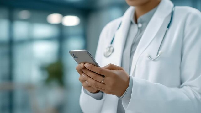 doctor holding smartphone with stethoscope on neck checking telehealth dashboard muted beeps modern medicine three quarter wide angle cinematic color correction gentle backlight