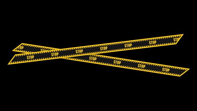 Animated yellow and black stop tape barrier on transparent background. Seamless motion of caution warning stripe for police, security, and restricted area scenes. Perfect for video editing
