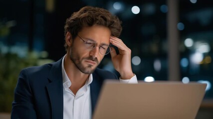 Business professional receiving a sudden ransomware warning, showing concern and stress, symbolizing corporate cybersecurity challenges, threat detection, and emergency IT protocols. cinematic - Powered by Adobe