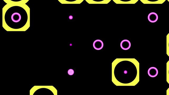 Abstract purple circles pulsing in yellow geometric shapes