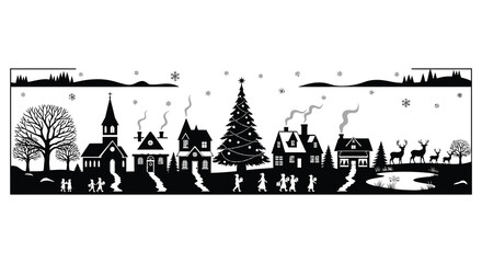 Charming winter village scene with christmas tree and snowfall silhouette