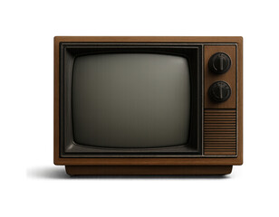 Vintage wooden television set with a blank screen and analog knobs on a black background