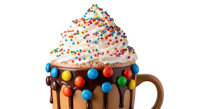 Decadent hot chocolate in a mug topped with whipped cream and colorful sprinkles - Powered by Adobe
