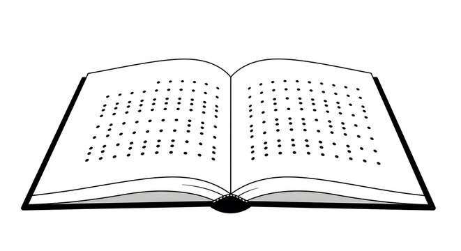 Open Book with Braille Text, Black and White Illustration