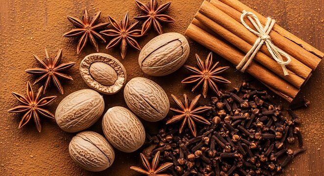 Aromatic spices including cinnamon sticks, star anise, nutmeg, and cloves scattered on a surface