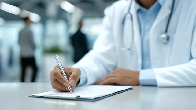 doctor taking notes on clipboard with stethoscope shining under fluorescent light soft murmurs hospital activity three quarter wide angle cinematic color correction gentle