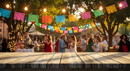 Outdoor evening party with string lights and colorful papel picado banners