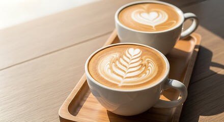 Two cups of latte with artful foam designs on a wooden tray