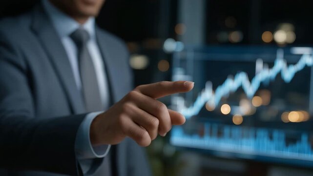 Advisor pointing at holographic projections of property, stocks, and cryptocurrency trends in a modern office, illustrating wealth management, diversified investment strategies, risk mitigation,