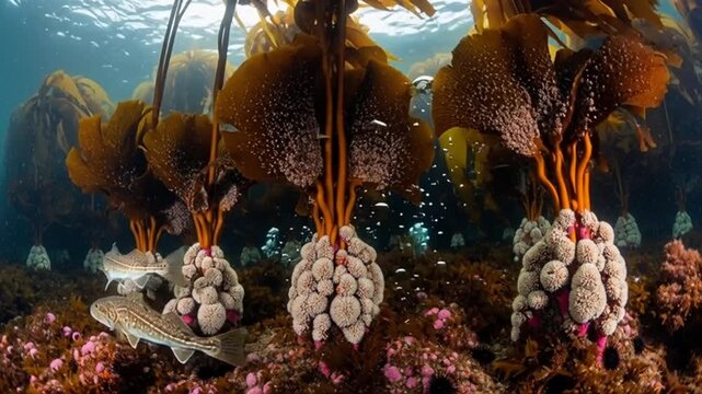Underwater world with kelp forest and fish, featuring unique ocean ecosystem scenery of seaweeds