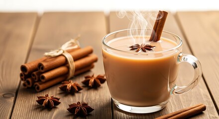 Steaming cup of chai tea with cinnamon stick and star anise on a wooden table