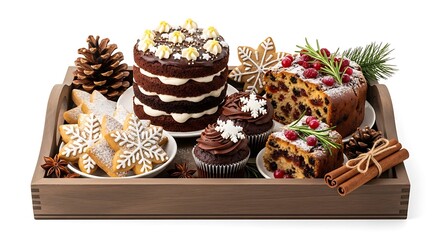 Assortment of festive christmas cakes, cookies, and pastries on a wooden tray