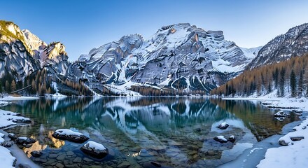 Snowcovered mountain lake with clear turquoise water and reflections