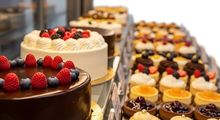 A selection of delicious cakes and cupcakes on display in a bakery case