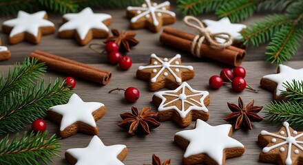 Christmas star cookies with cinnamon sticks and berries on a wooden table