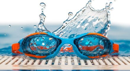 Swimming goggles with water splashes in a pool, isolated on white background