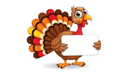Cartoon turkey holding a blank sign for thanksgiving greetings, isolated on white