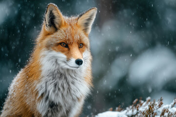 Naklejka premium Red fox displays keen hunting skills in snowy wilderness scene