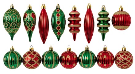 Collection of vintage christmas ornaments in red and green, isolated on white