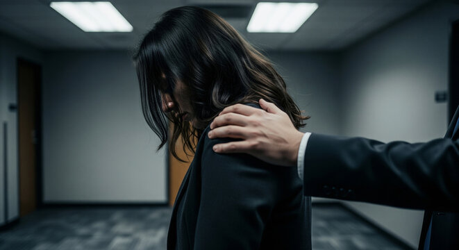 Back view of a woman suffering from harassment with a man's hand on her shoulder