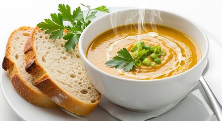 Steaming bowl of hearty vegetable soup garnished with fresh parsley and served with crusty bread slices