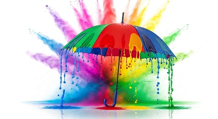 Colorful umbrella with vibrant holi powder explosion and dripping paint, isolated on white background