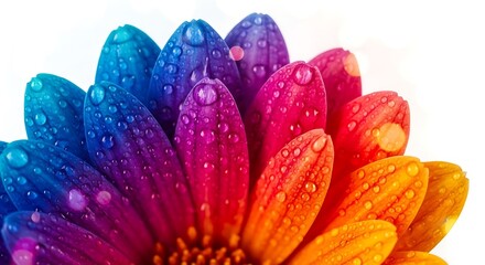 Closeup of a flower with petals in a rainbow gradient, covered in water droplets, isolated on white background