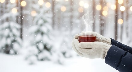 Cozy winter scene with steaming cup of tea held by gloved hands in snowy forest with bokeh lights