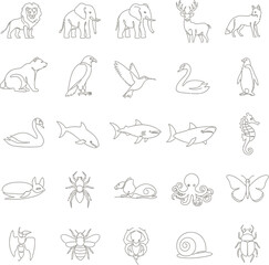 Fototapeta premium Charming animal line art collection showcases wildlife creatures for educational coloring fun projects