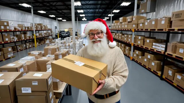 Santa Claus sorts holiday packages in a busy warehouse during the Christmas season